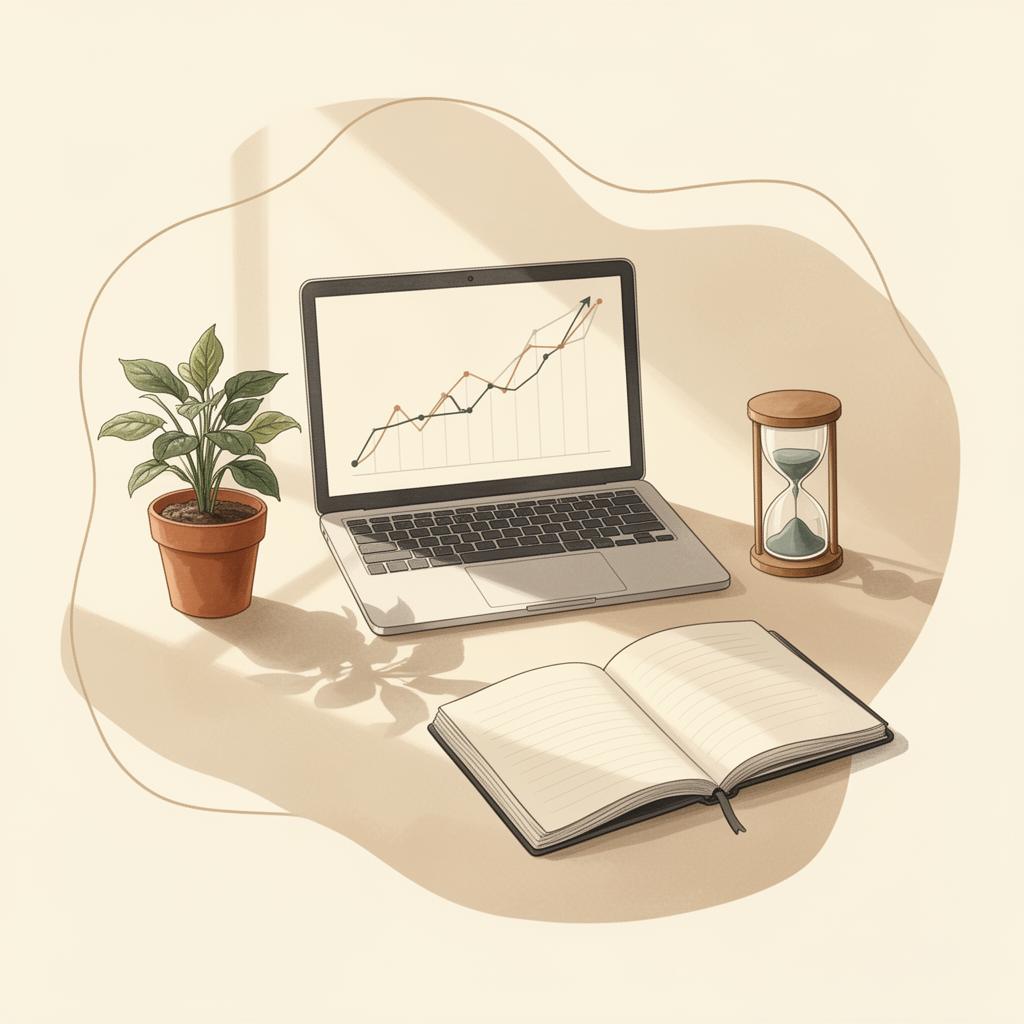 Warm professional workspace with laptop showing a growth graph, plant, hourglass, and notebook